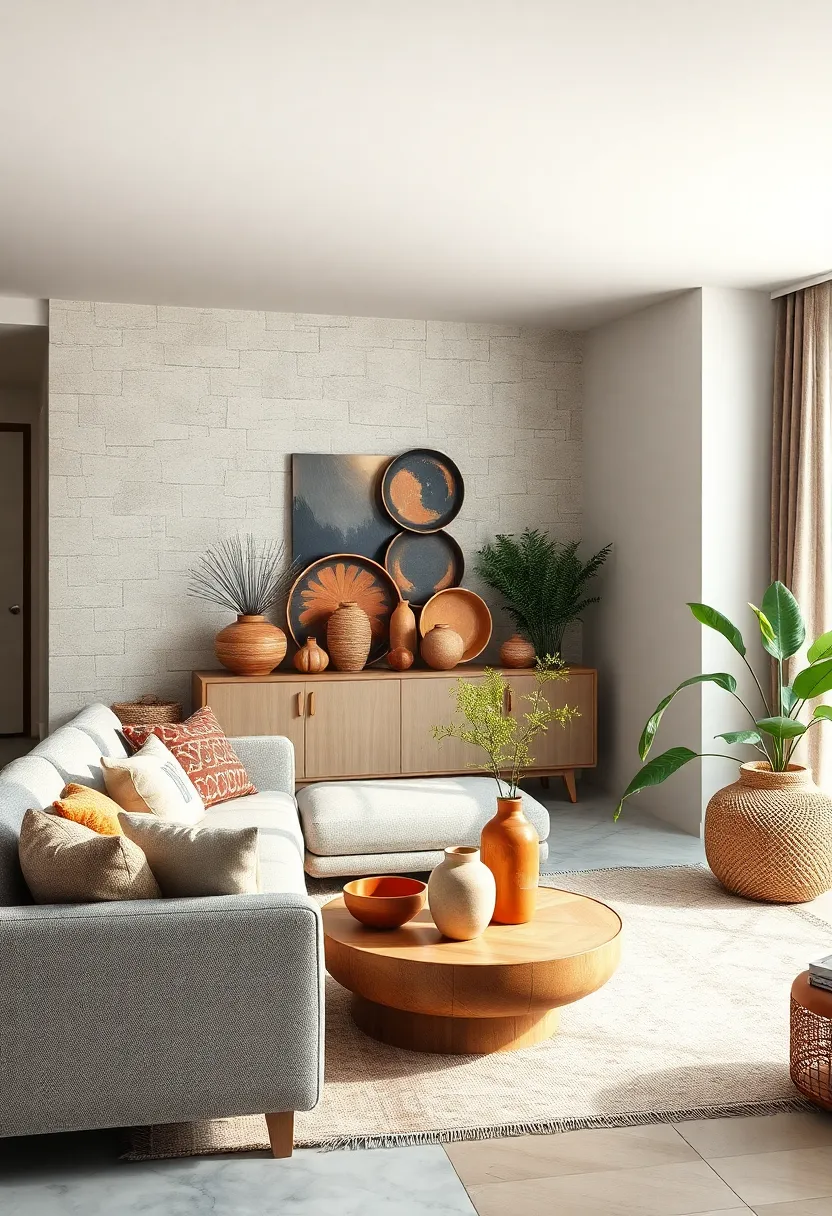 Handcrafted Pottery: Display artisanal vases and bowls to infuse authenticity and character