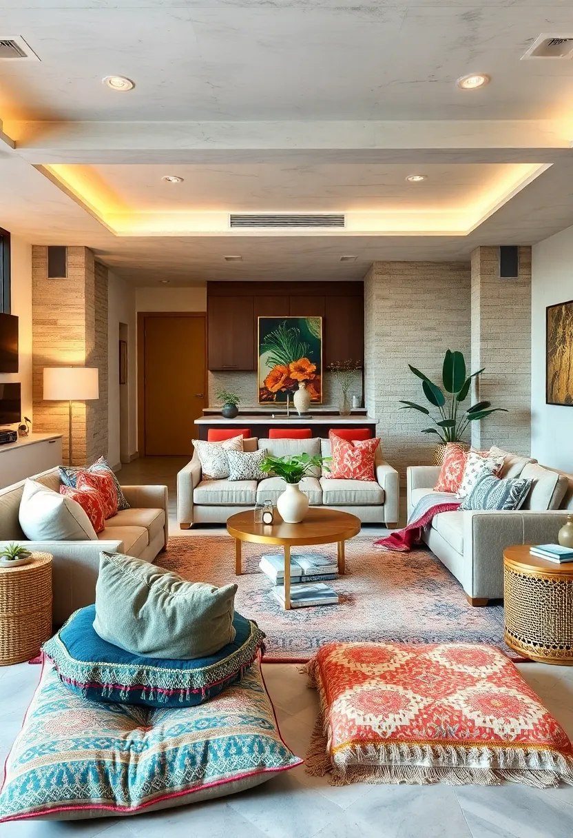 Floor Cushions: Opt for oversized, patterned floor cushions to create an inviting lounge area