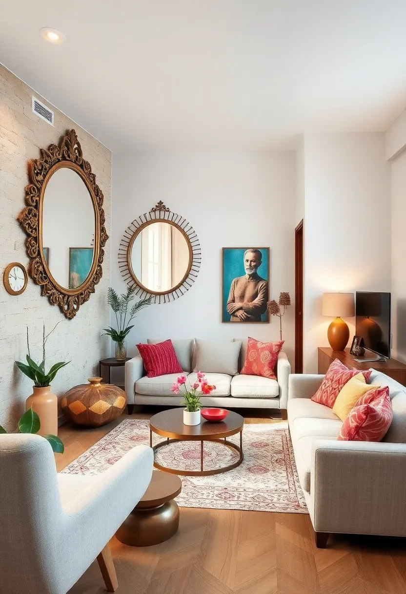 Artistic Mirrors: Hang ornate or uniquely shaped mirrors to enhance light and boho style