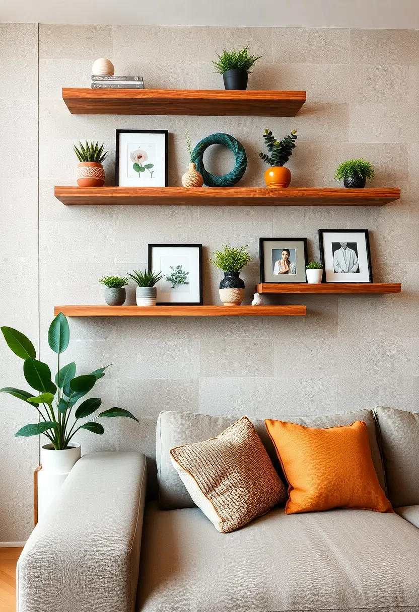 Floating‌ wood shelves‌ adorned with⁤ small potted ⁣plants ⁤and ‍framed prints for a natural, cozy vibe