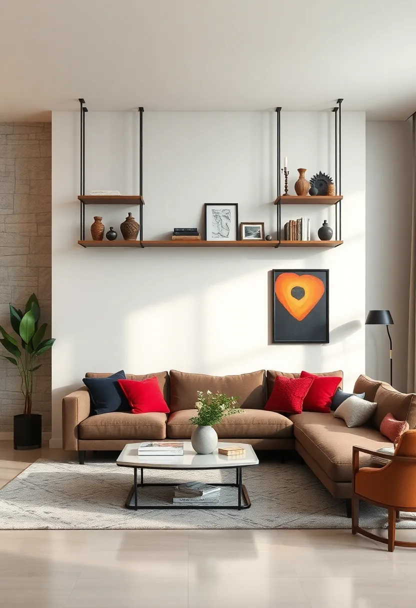 Oversized hanging shelves acting‍ as a statement piece with bold​ accessories and ⁤statement art