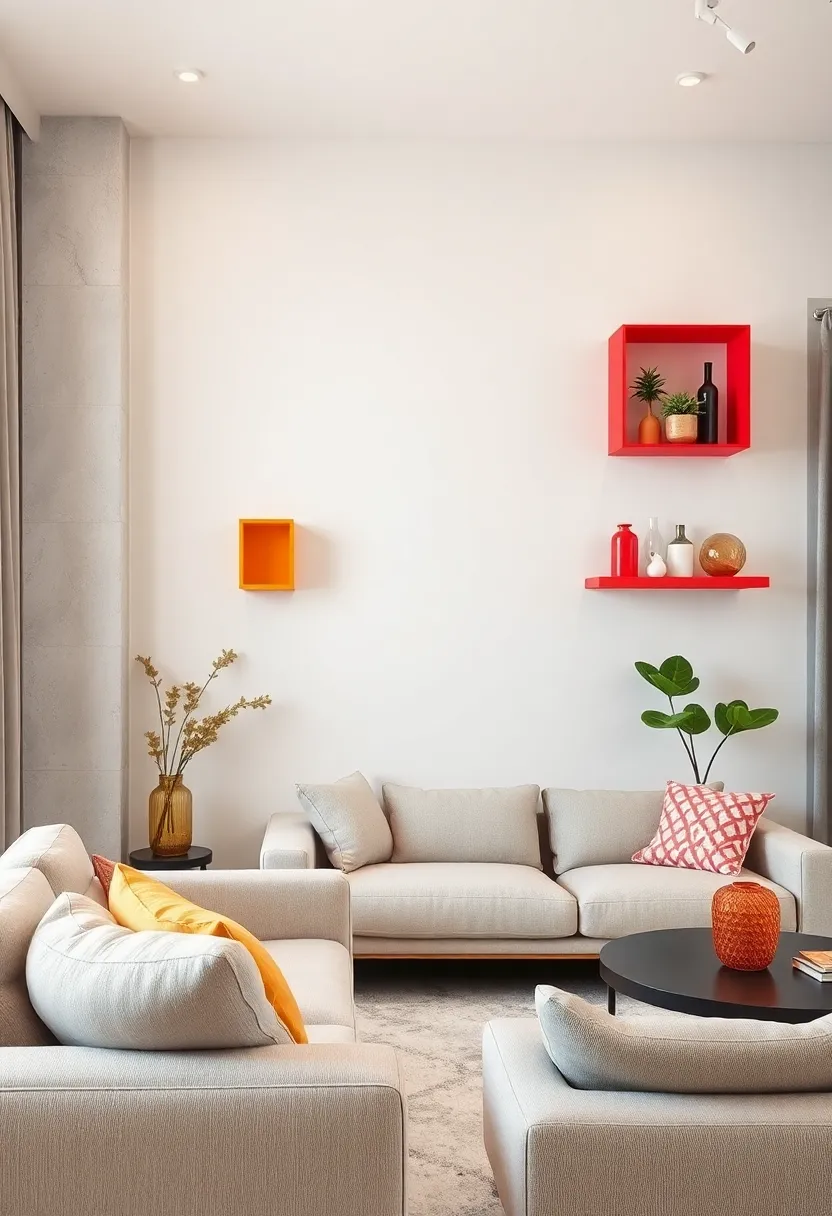 Colorful painted ⁣shelves that inject a playful pop of color into ‍neutral apartment interiors