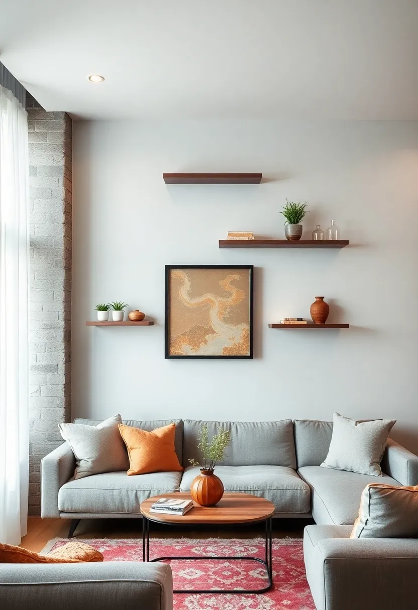Contemporary​ floating shelves framed by‍ wall decals⁢ or stencils ‍for⁤ artistic flair without permanent⁣ changes