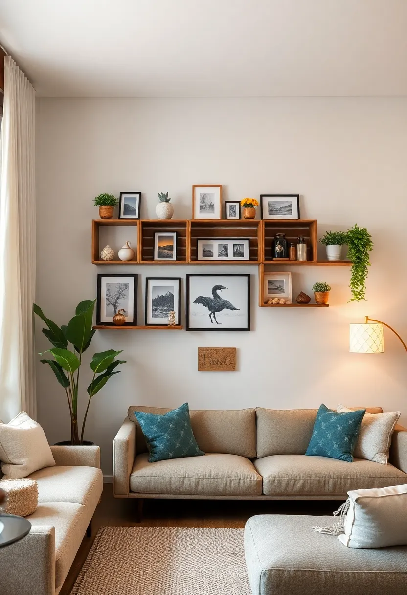 Wall-mounted crate ​shelves creating a farmhouse-inspired gallery for photos and vintage knick-knacks