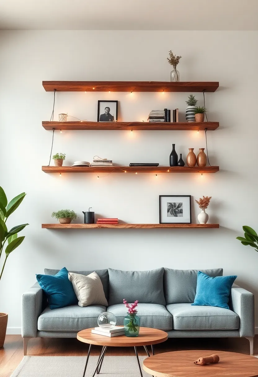 Rustic reclaimed wood shelves combined with fairy lights to bring warmth and ⁢charm ⁤to your ​living room
