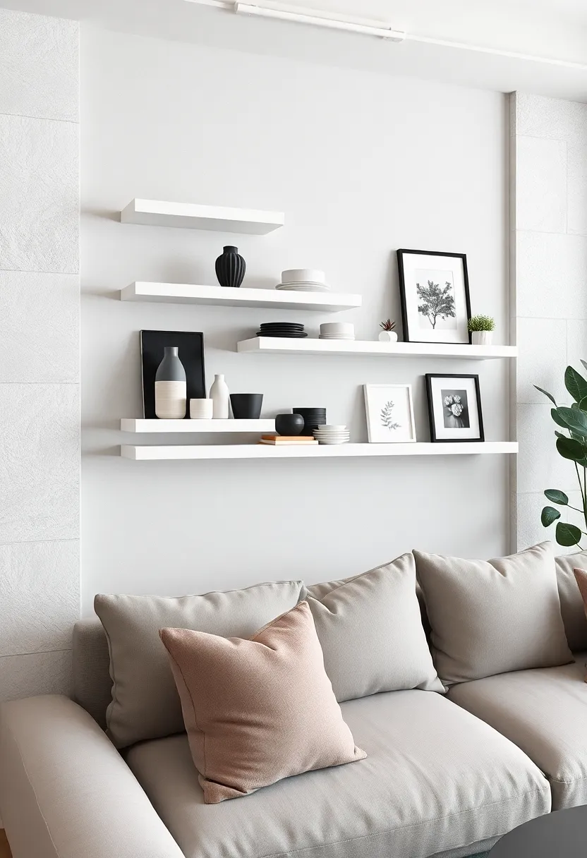 White minimalist shelves showcasing monochrome ceramics and sleek photo frames for a modern look