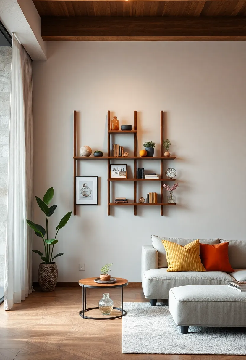 Ladder-style hanging shelves leaning against ​the wall to‌ maximize storage and artistic display