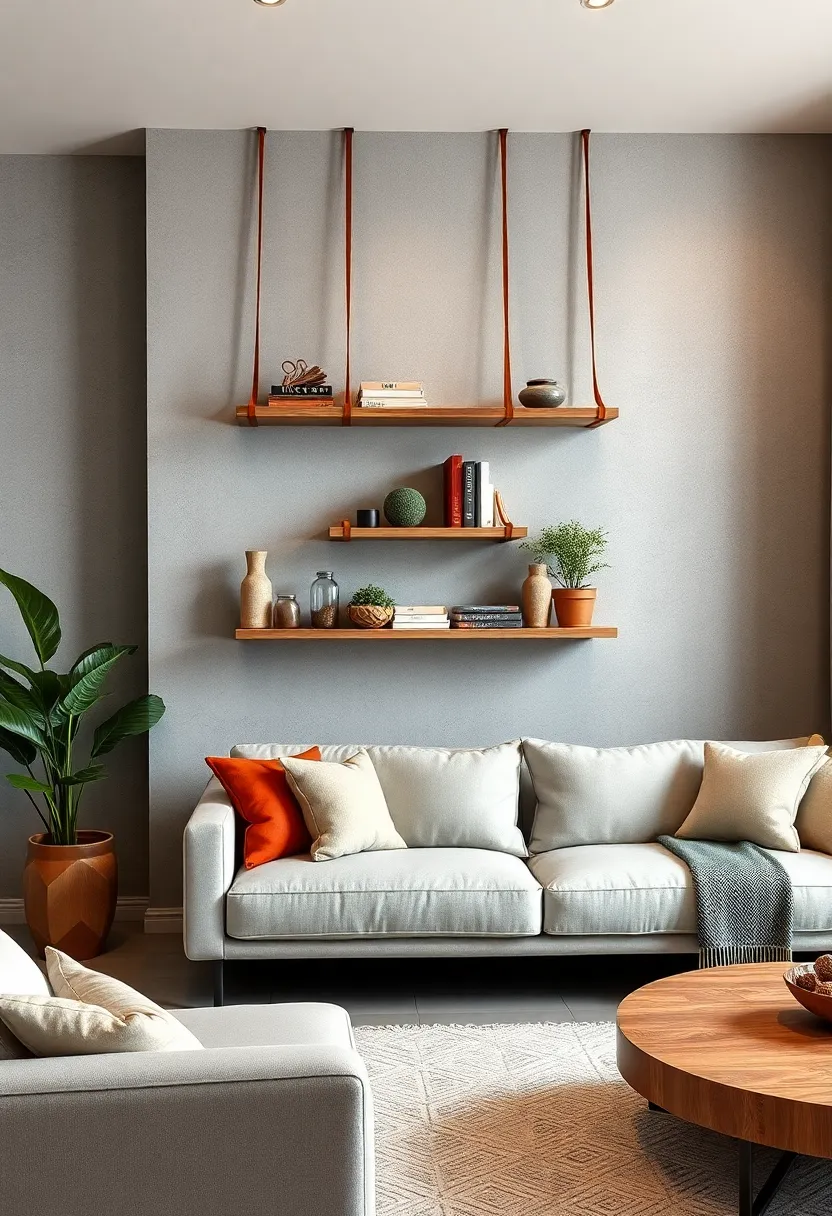 Hanging shelves with leather straps for a soft, tactile contrast to the hard surfaces and textured walls