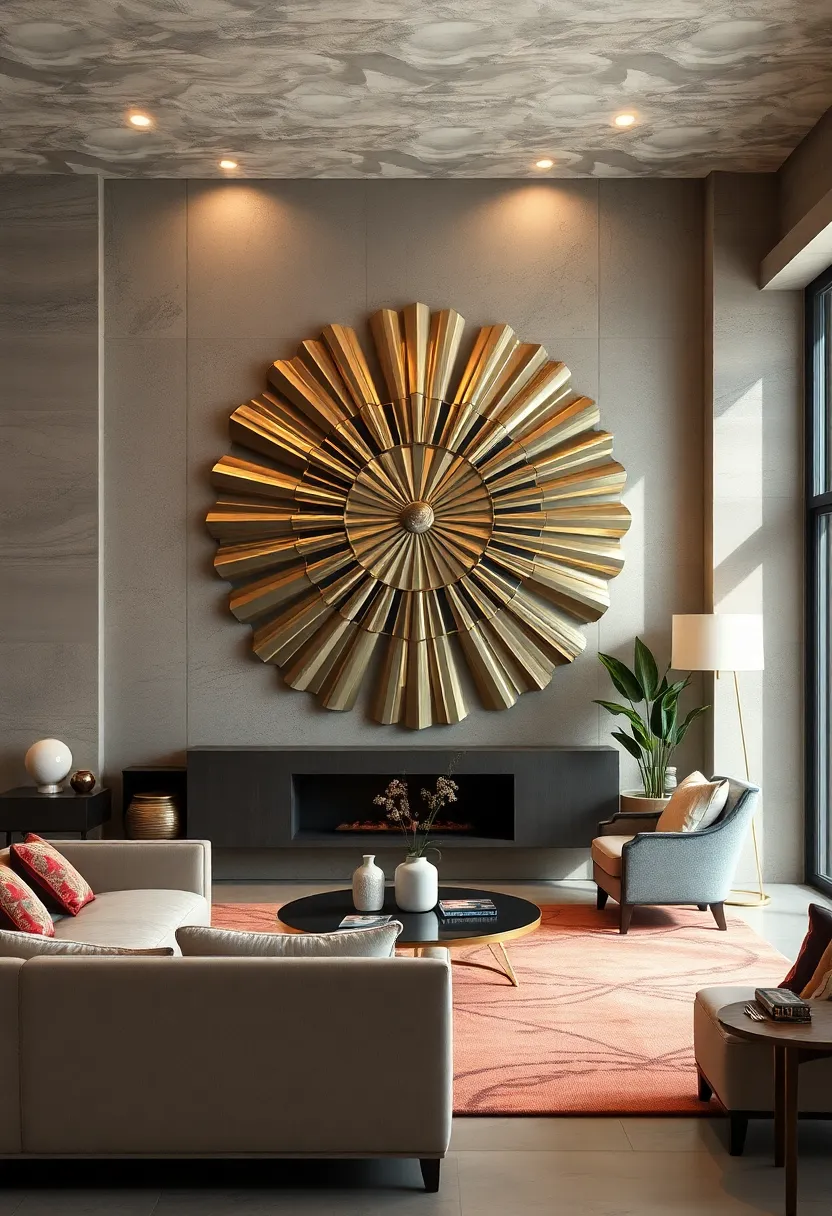 Oversized⁤ Metallic Wall ‌Art - ‌Make ‍a statement⁢ with⁣ oversized metallic wall art featuring radial‌ symmetry and intricate detailing to ⁢capture Art Deco’s grandeur