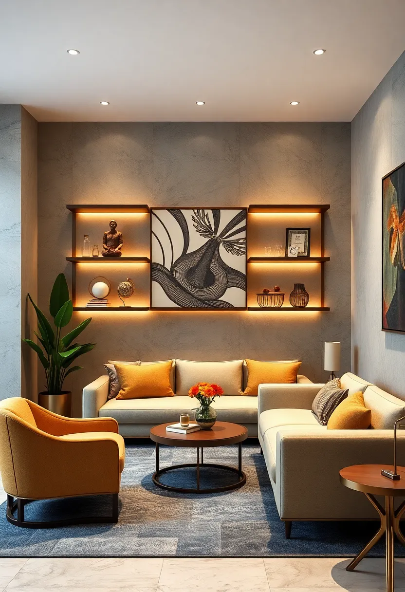 Stepped Back ⁢Wall ⁤Shelves - Install stepped‍ back wall ⁤shelves with clean lines‌ and glossy ​finishes to​ display⁢ decorative objects while maintaining a‌ geometric⁤ Art Deco ‍vibe