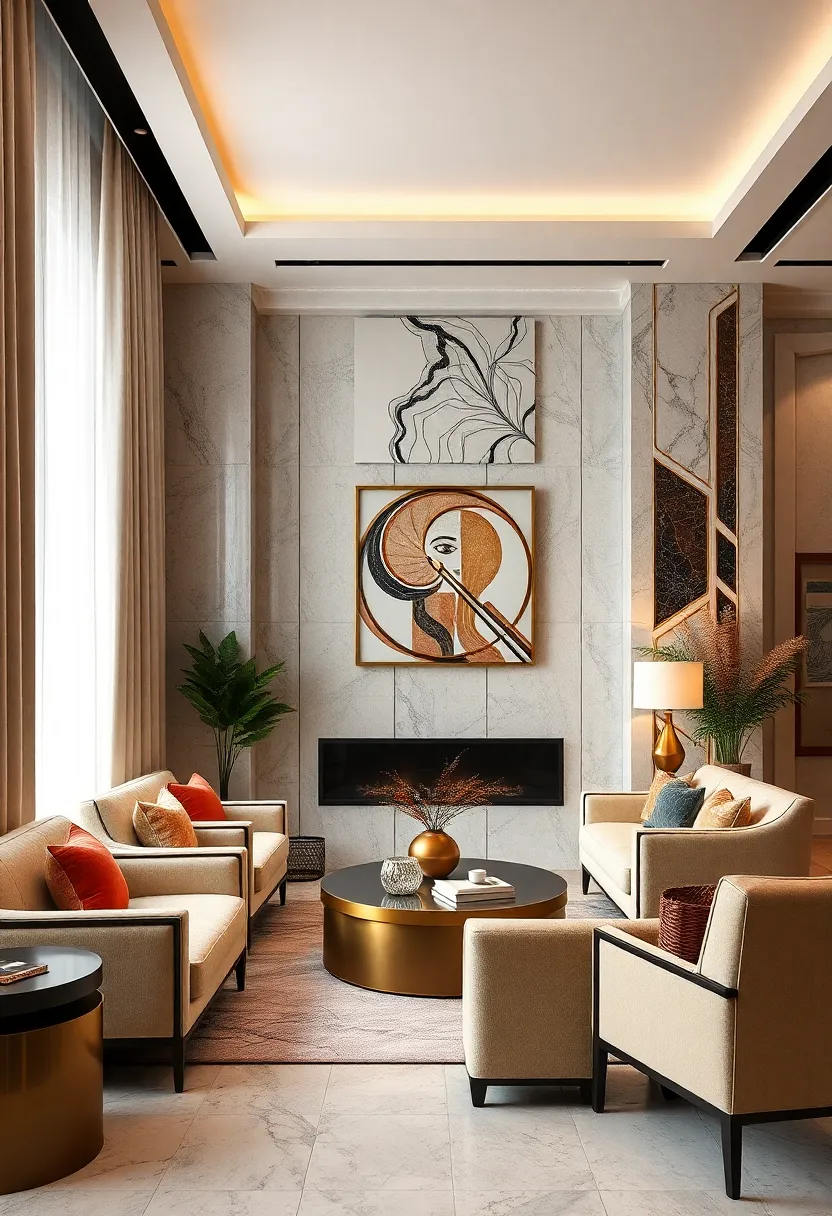 marble and Brass Accent Panels - ⁢Use marble and brass accent⁢ panels on walls ⁤to introduce luxury materials that ‌define the period’s elegant style