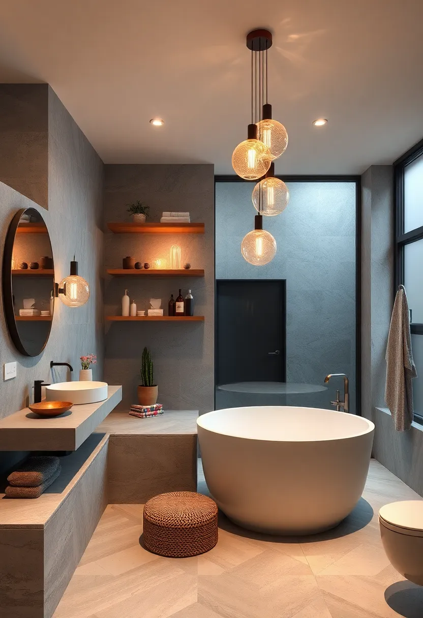 - Asymmetrical Layout Featuring Floating Shelves and Retro Lighting Sculptures in an Artistic Bathroom