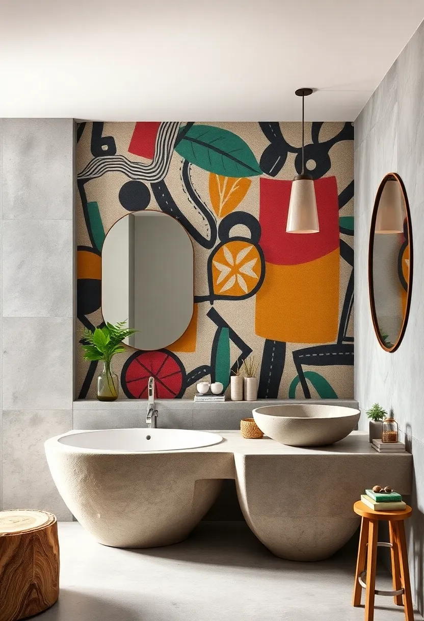 - Bold graphic Wallpapers Meeting Rustic Stone ⁢Sinks to Create Visual Symphony in a Bathroom Scene