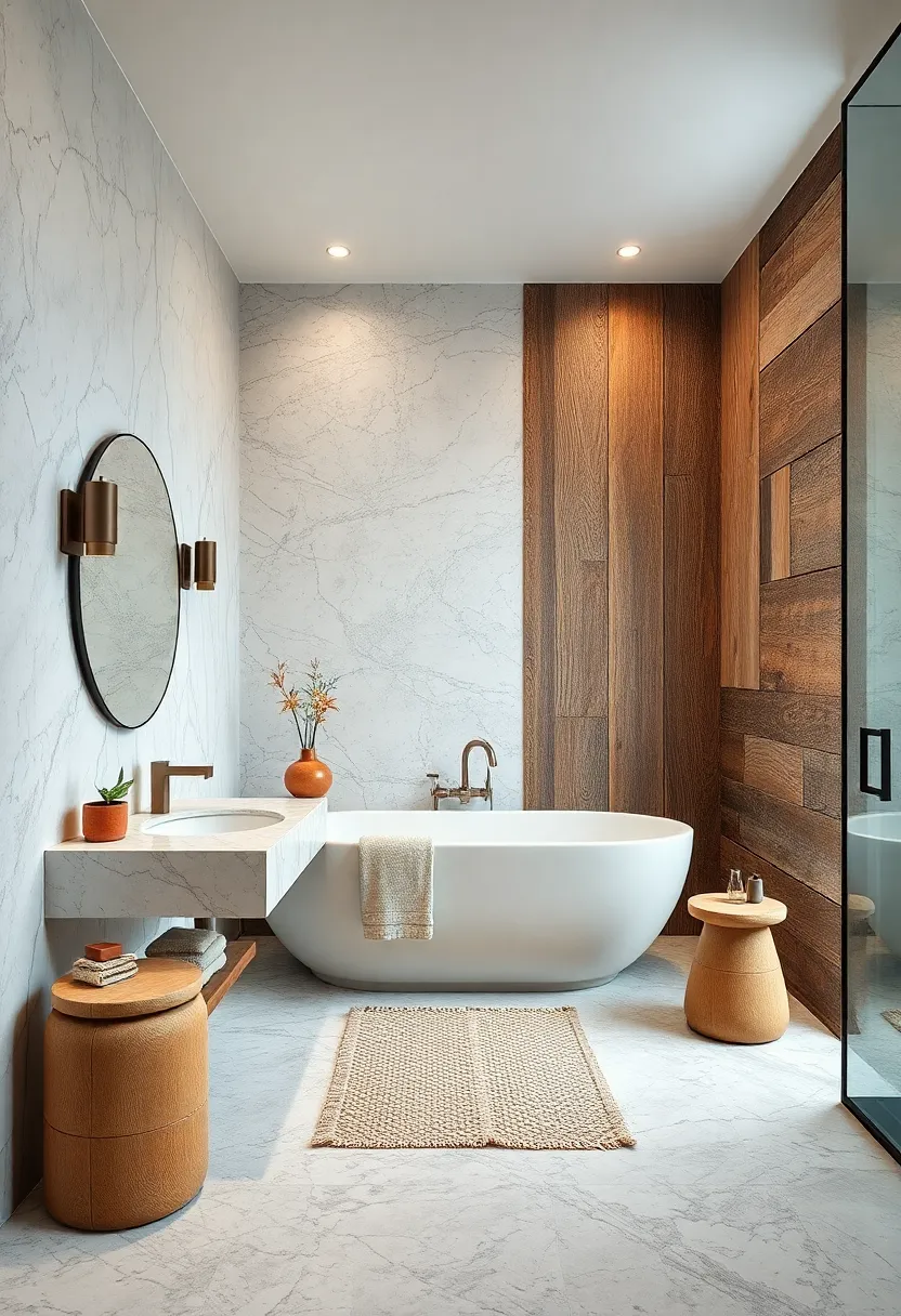 - Contrasting Textures of Smooth Marble and Rough Reclaimed Wood Create Depth in an Artistic Bathroom Space