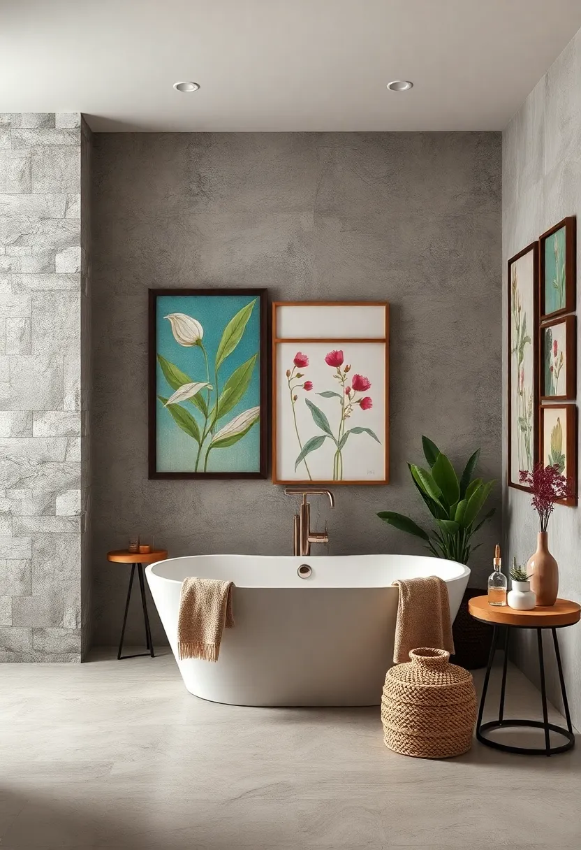 - Eclectic Gallery Walls Featuring Abstract Art and Botanical Prints ‌Surrounding a Freestanding Tub