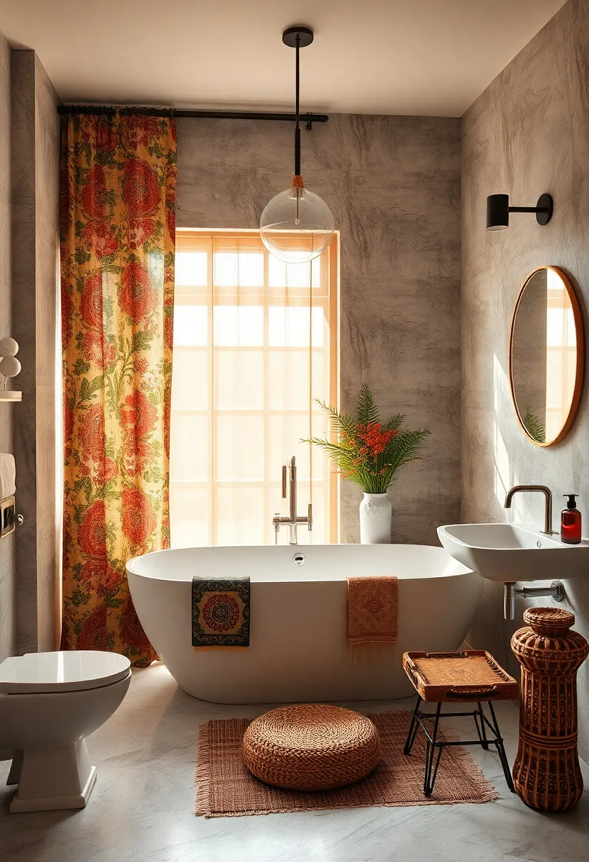 - Exotic Textiles and Patterned Curtains Mixing‌ Bold Prints with Subtle Color Palettes in an Eclectic Bathroom