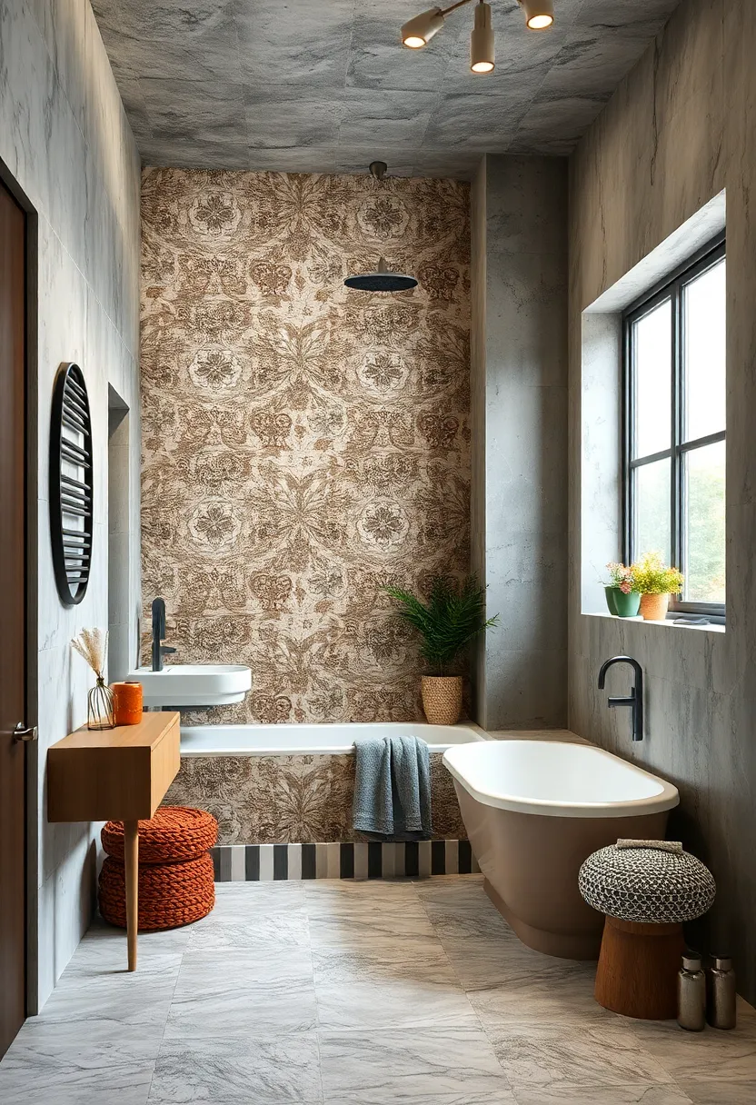 - Fusion of Classic Victorian Tilework with Raw Concrete Walls‍ Portraying ‌a modern Eclectic Bathroom Narrative