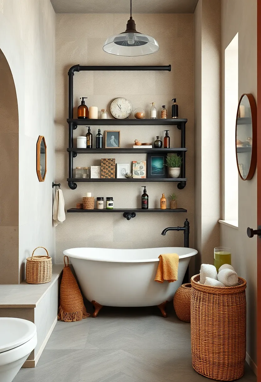 - Industrial ⁤Pipe Shelving Holding ⁣curated Vintage Collectibles​ and modern Bath Essentials in Eclectic Style