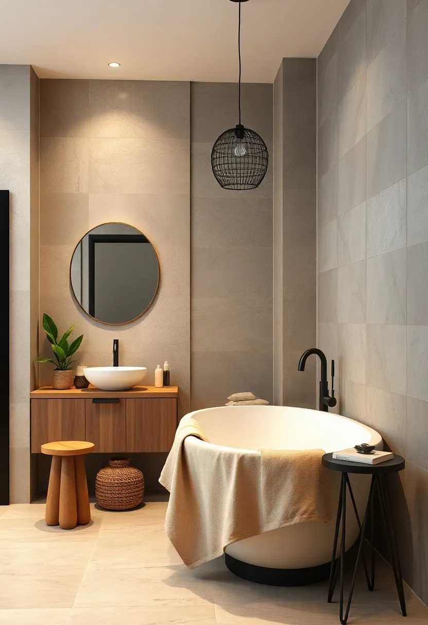 - Juxtaposition of soft Linen Fabrics and Industrial Steel Elements Accentuating Eclectic bathroom Textures