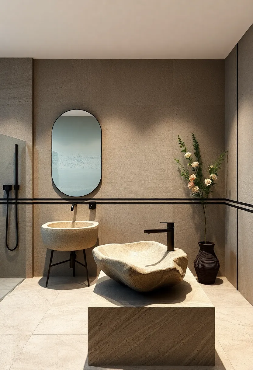 - Organic Shapes ⁤of Stone Basins ⁣Against Sharp Graphic Tile⁣ Borders Crafting‍ a Deliberate Contrast