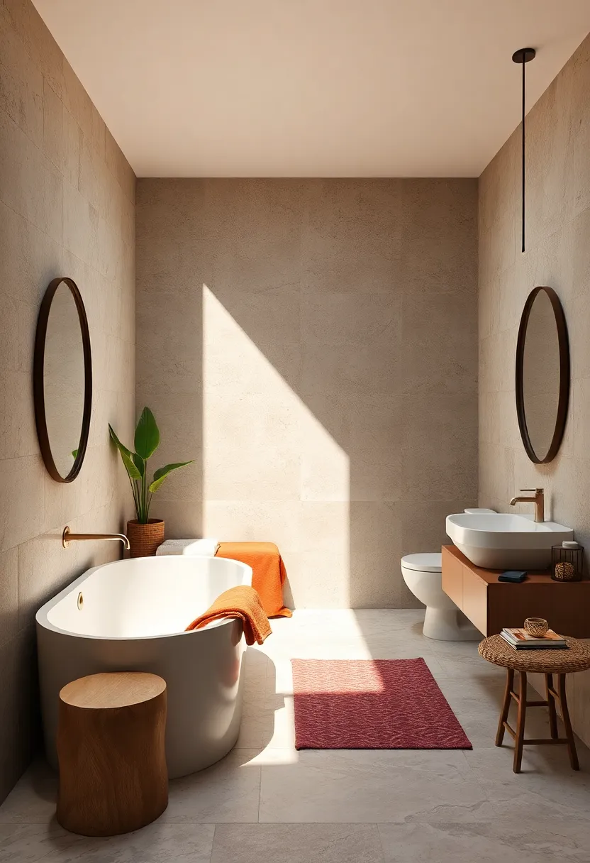 -​ Overlapping Natural Lightfall and Shadow Caressing Diverse Surface Materials in an Artistic Bathroom