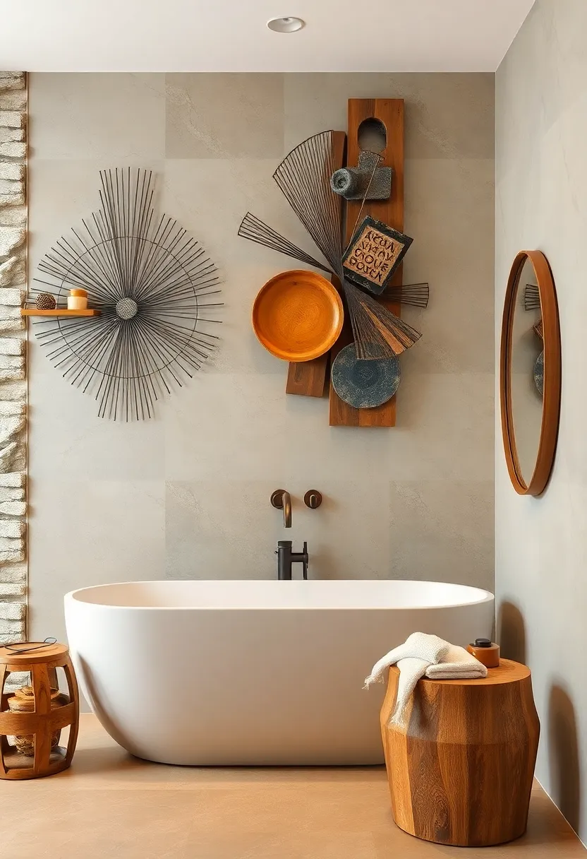 - Showcase of Artistic Wall Sculptures​ Merging Metal, Wood, and Ceramic Elements in ​a ‍Bathroom Setting