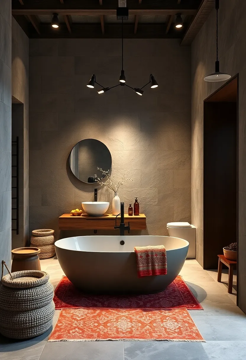 -⁣ Softly Worn Rugs‌ Paired with Clean ⁤Edged Contemporary Fixtures Conveying⁣ Warmth​ in Eclectic Bathrooms