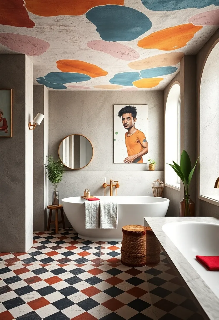 - Timeless Checkerboard Flooring Contrasted with Whimsical painted Ceilings in a Distinct Bathroom Design