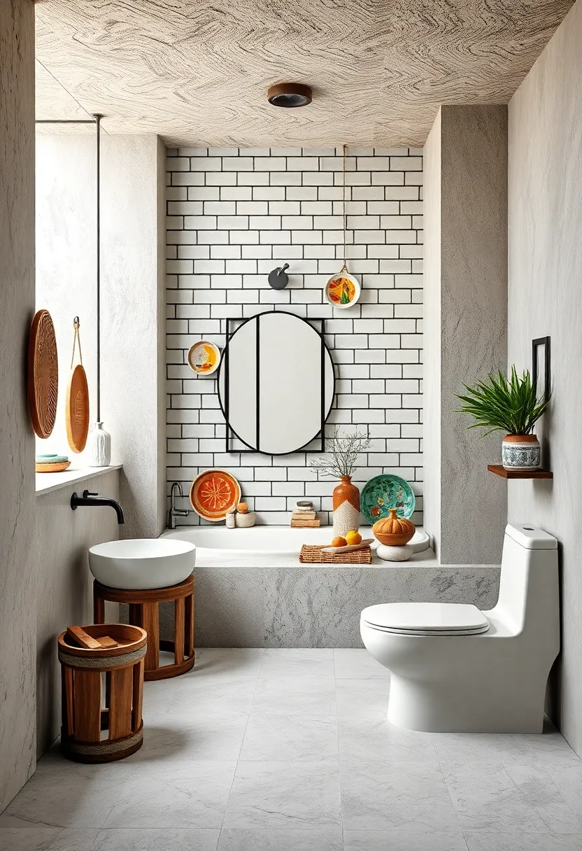 - Vibrant Hand-Painted Ceramics Contrasted Against Monochrome Subway ​Tiles in a Unique Bathroom display
