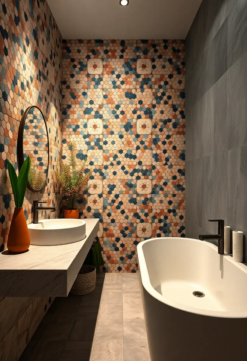 - Whimsical Mosaic Patterns Intertwined with Minimalistic Fixtures in a Harmonious Bathroom Setting