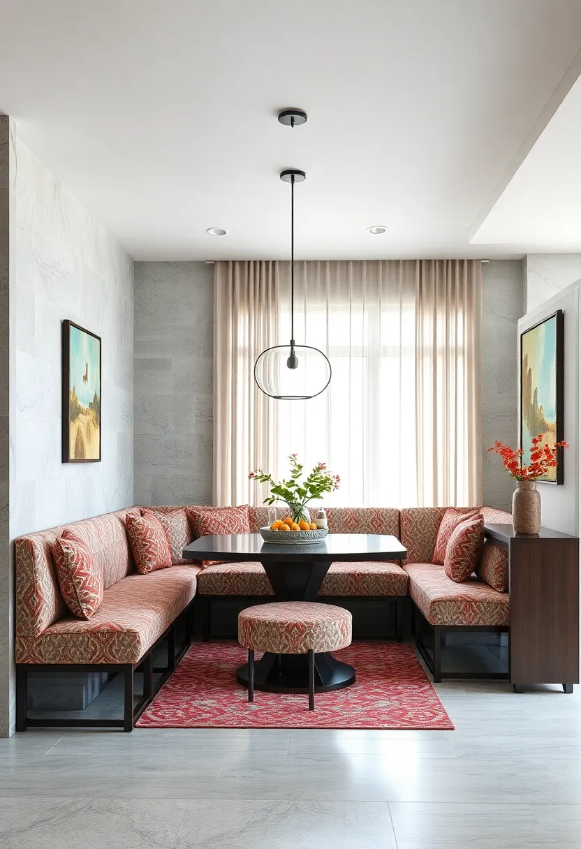 Banquette with Patterned Fabric Upholstery for Visual Interest