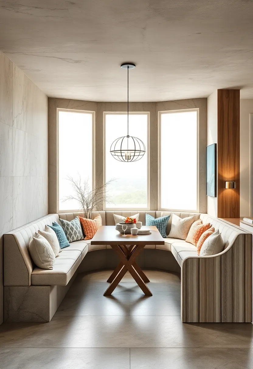 Coastal-Inspired Banquette with Light fabrics and Driftwood Texture