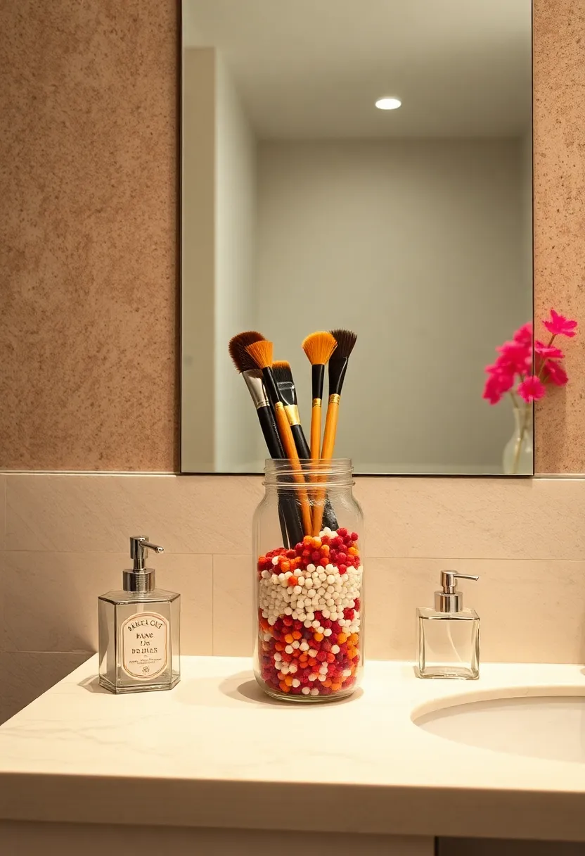 Store makeup ‌brushes upright in‌ a mason ‌jar filled with ⁤decorative beads ⁤or rice