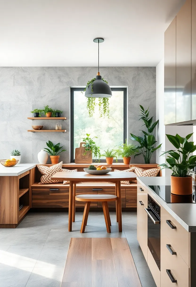 Built-In Wooden ‍Bench Seating Embedded ⁢Within a‌ Kitchen⁢ overflowing With Natural ​Greenery