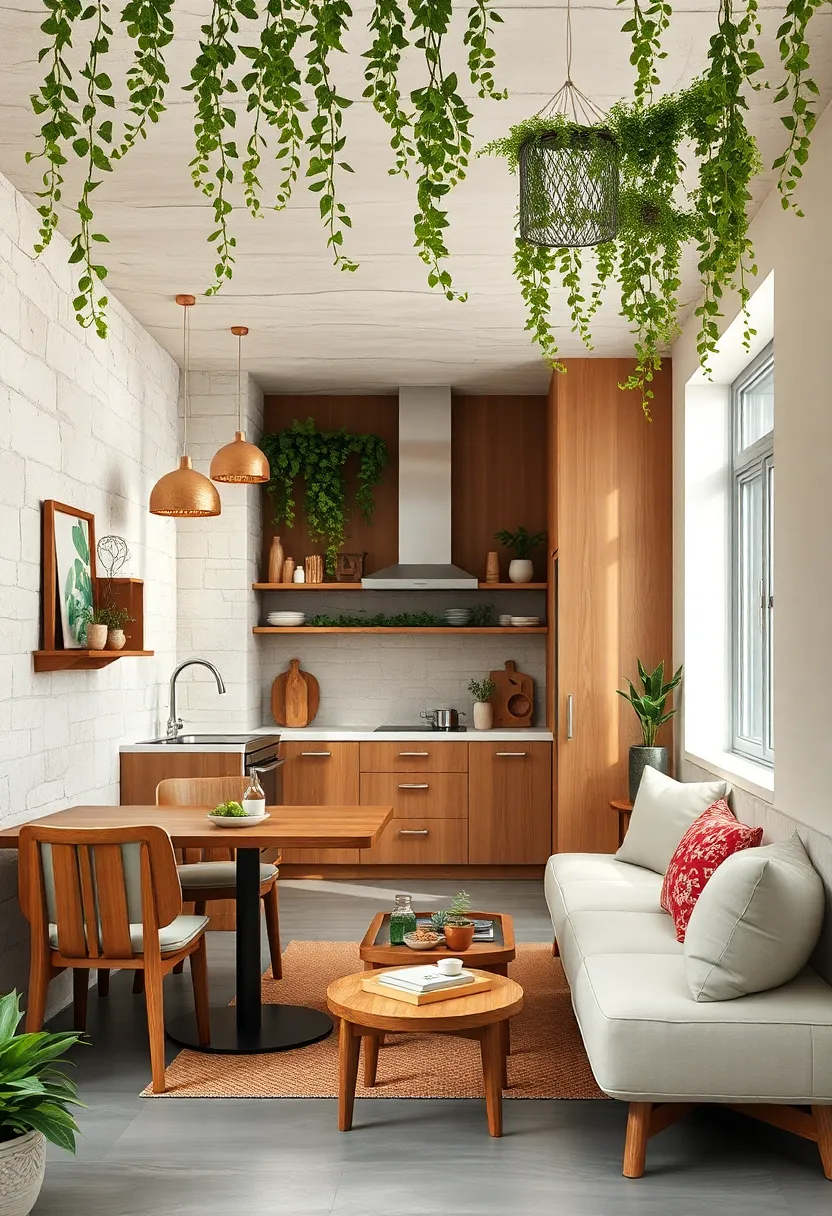 A Cozy Breakfast Nook Featuring Warm Timber Furniture Surrounded​ by Hanging Ivy and Ferns