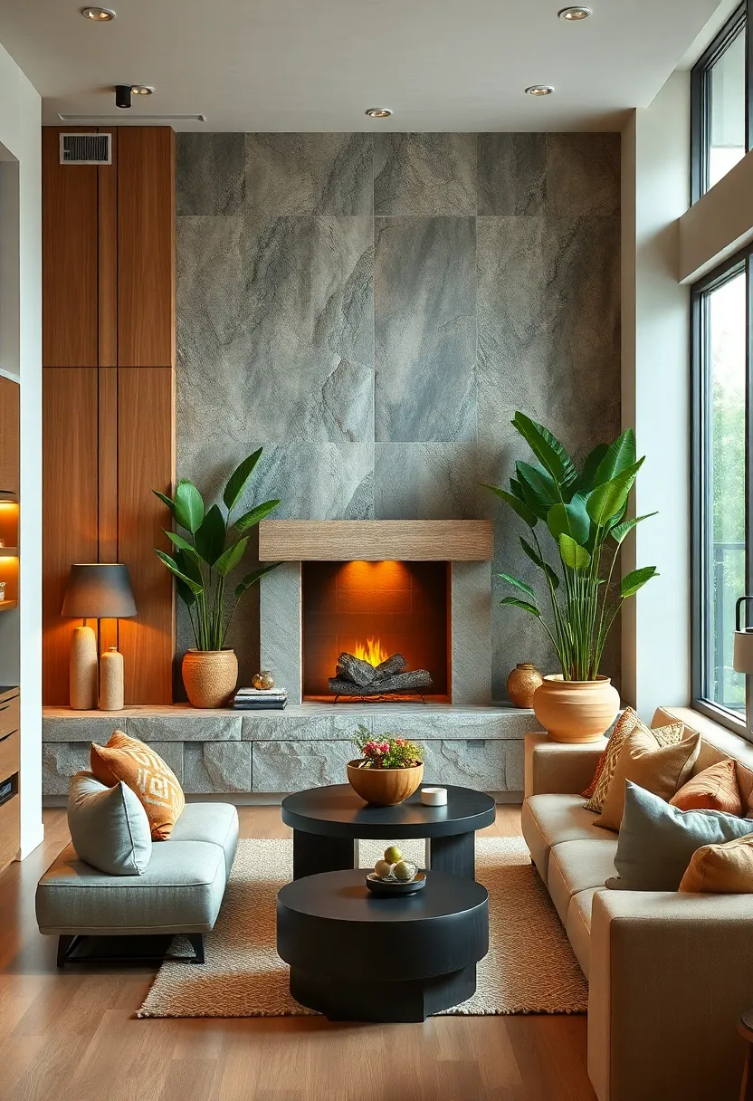 Cozy Fireplace Niche Constructed From Warm​ Wood Pieces Framed By Tall Indoor Plants and Natural Stone