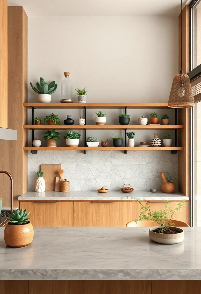 Floating Wooden‌ Shelves Displaying‍ Succulent Plants, Artisan Ceramics, and⁣ Organic Textures