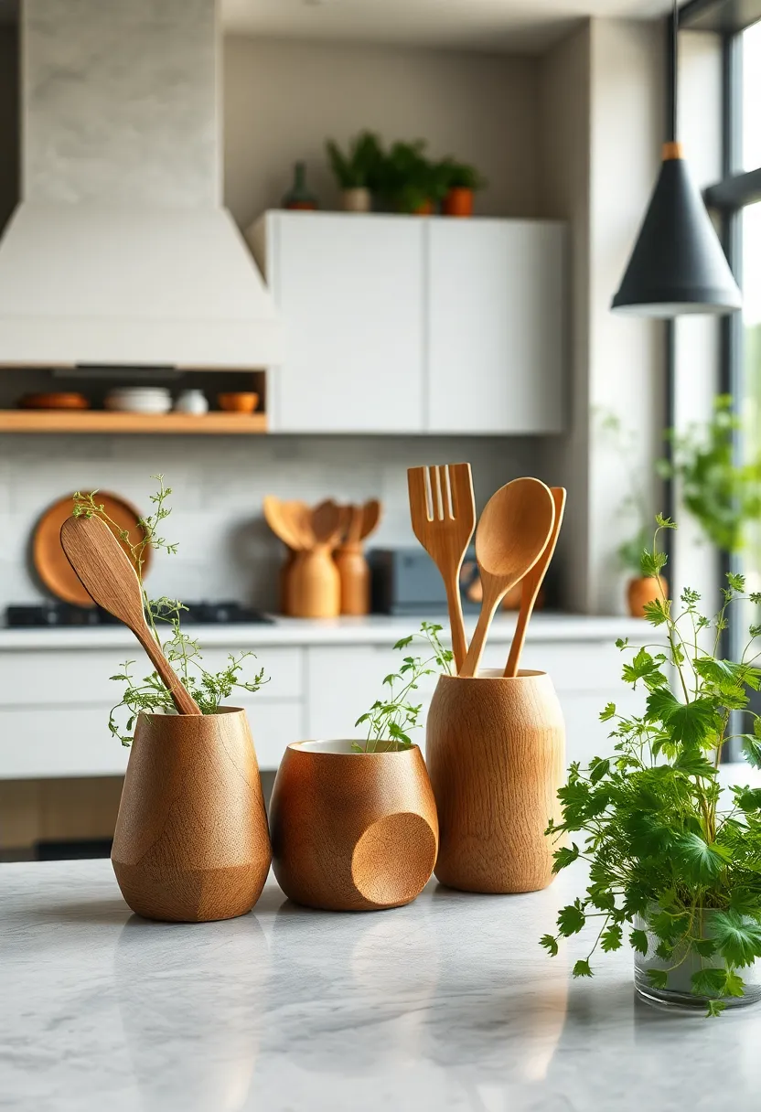 Handcrafted Wooden Utensil‌ Holders ​With Fresh Culinary Herbs Sprouting ⁤Nearby