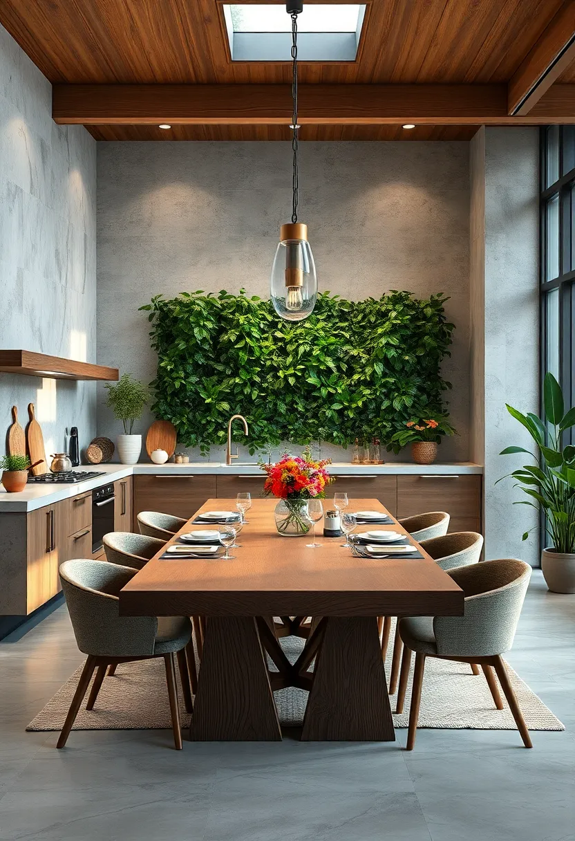 Inviting large ⁢Wooden Dining Table ⁣With Vertical Garden Backdrop⁤ and Soft Ambient ⁣Lighting
