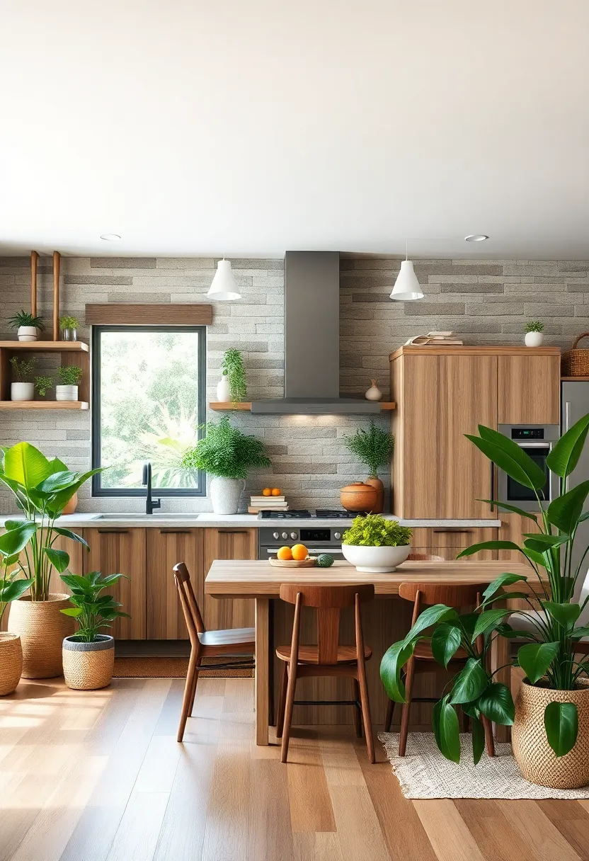 Layered wooden Textures Creating Depth ‌alongside Multiple⁤ Green Plant Varieties and ⁢Natural Fibers