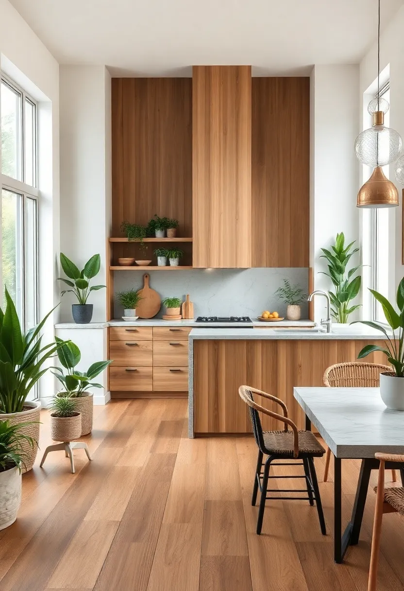 Natural Wood​ Flooring ‌Blended Seamlessly With stone Countertops ⁤Amidst Potted Plants