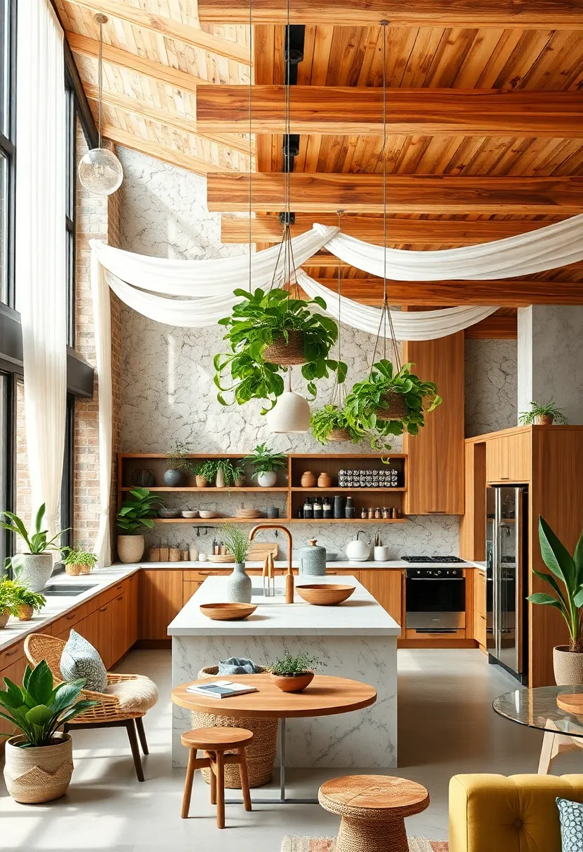 Natural Wooden Beams Stretching Across a Ceiling Adorned With hanging Planters and soft ​Drapes