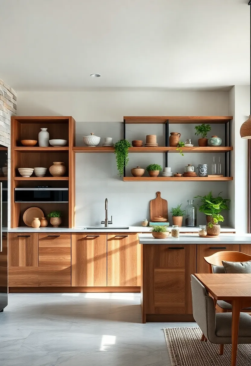 Open Shelving Made of Reclaimed ‌Wood Showcasing ​Earthy Pottery ⁣and Lush Green Herbs