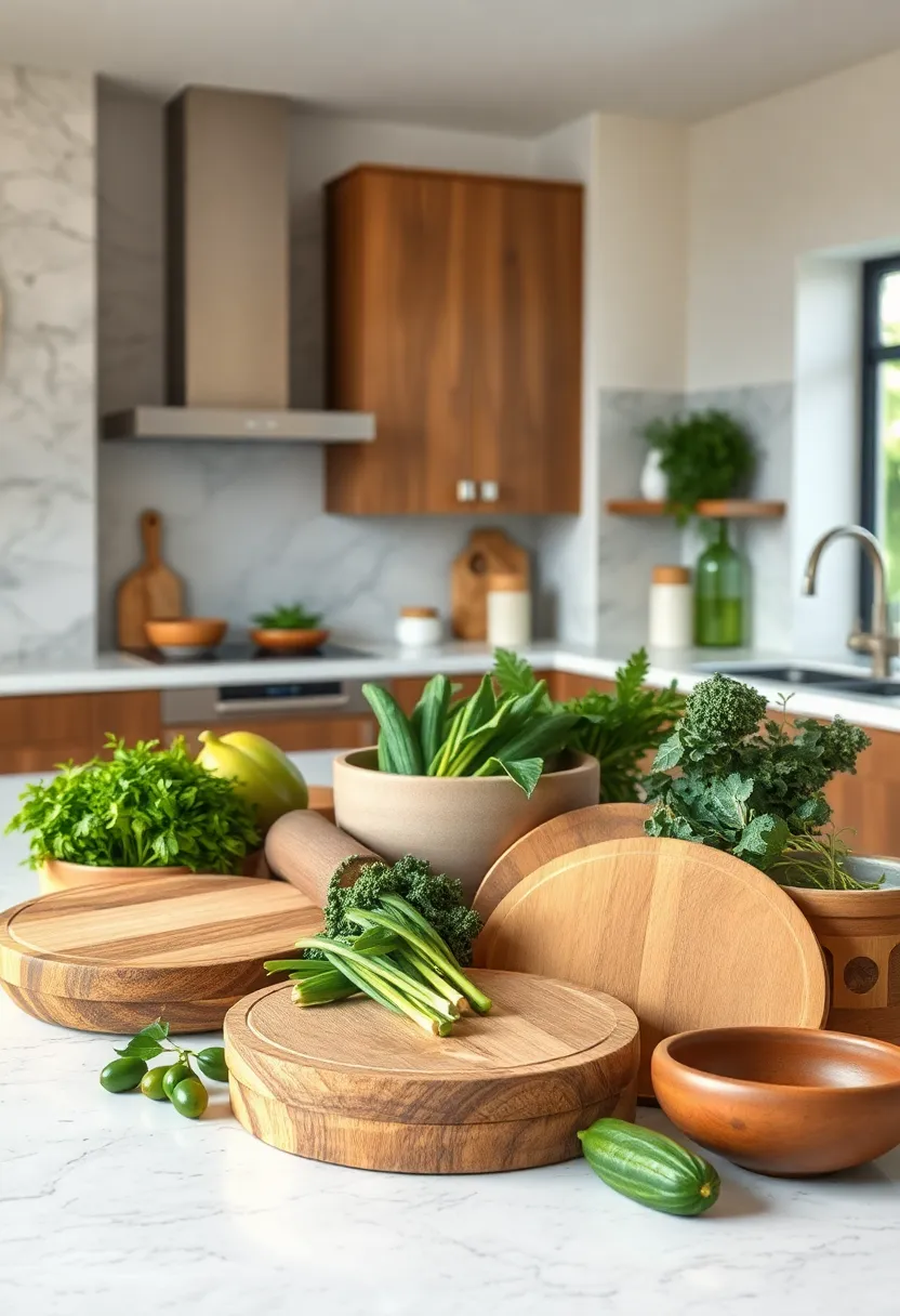 Round‍ Wooden Cutting ⁢Boards Arranged ⁣Among​ Fresh Green Vegetables and ⁣Earthenware bowls