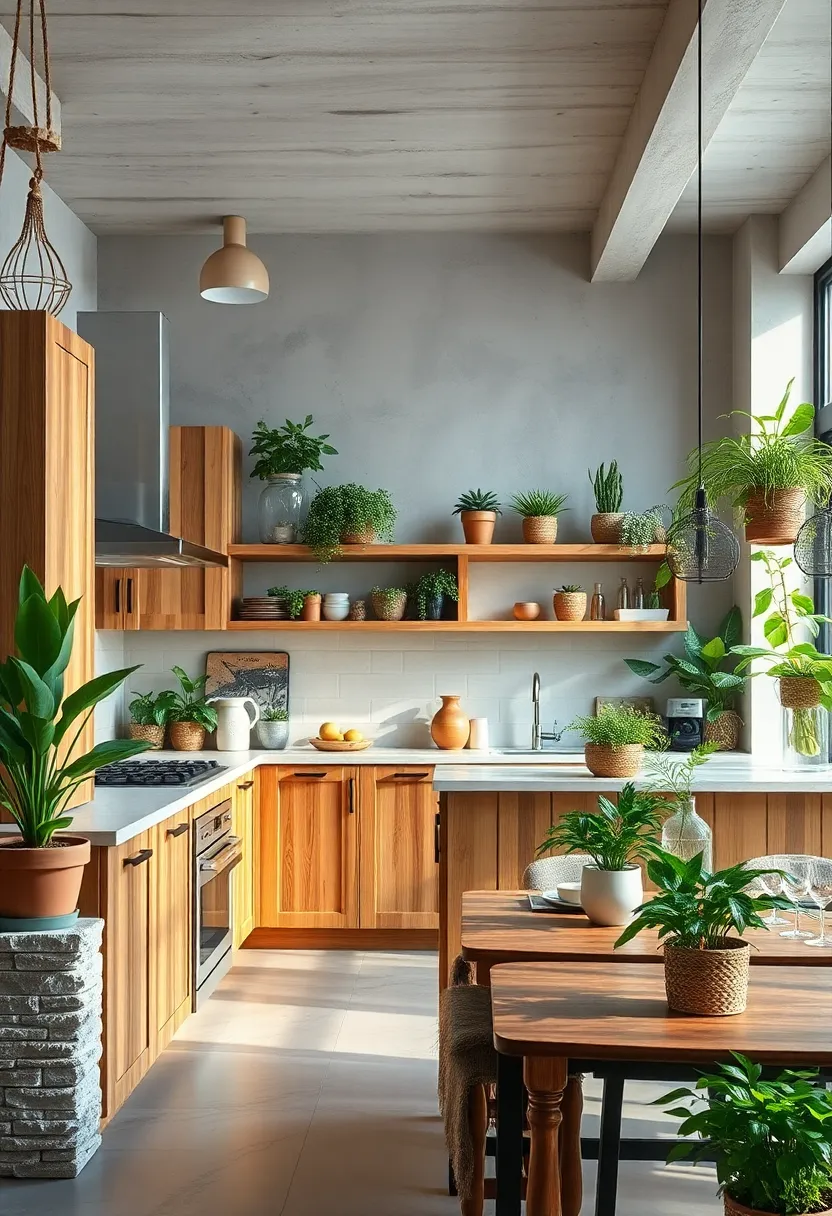 Rustic Wooden‌ Cabinets ⁣Paired With⁣ Vibrant ⁣Indoor Plants Creating⁤ a Harmonious Biophilic ⁤kitchen space