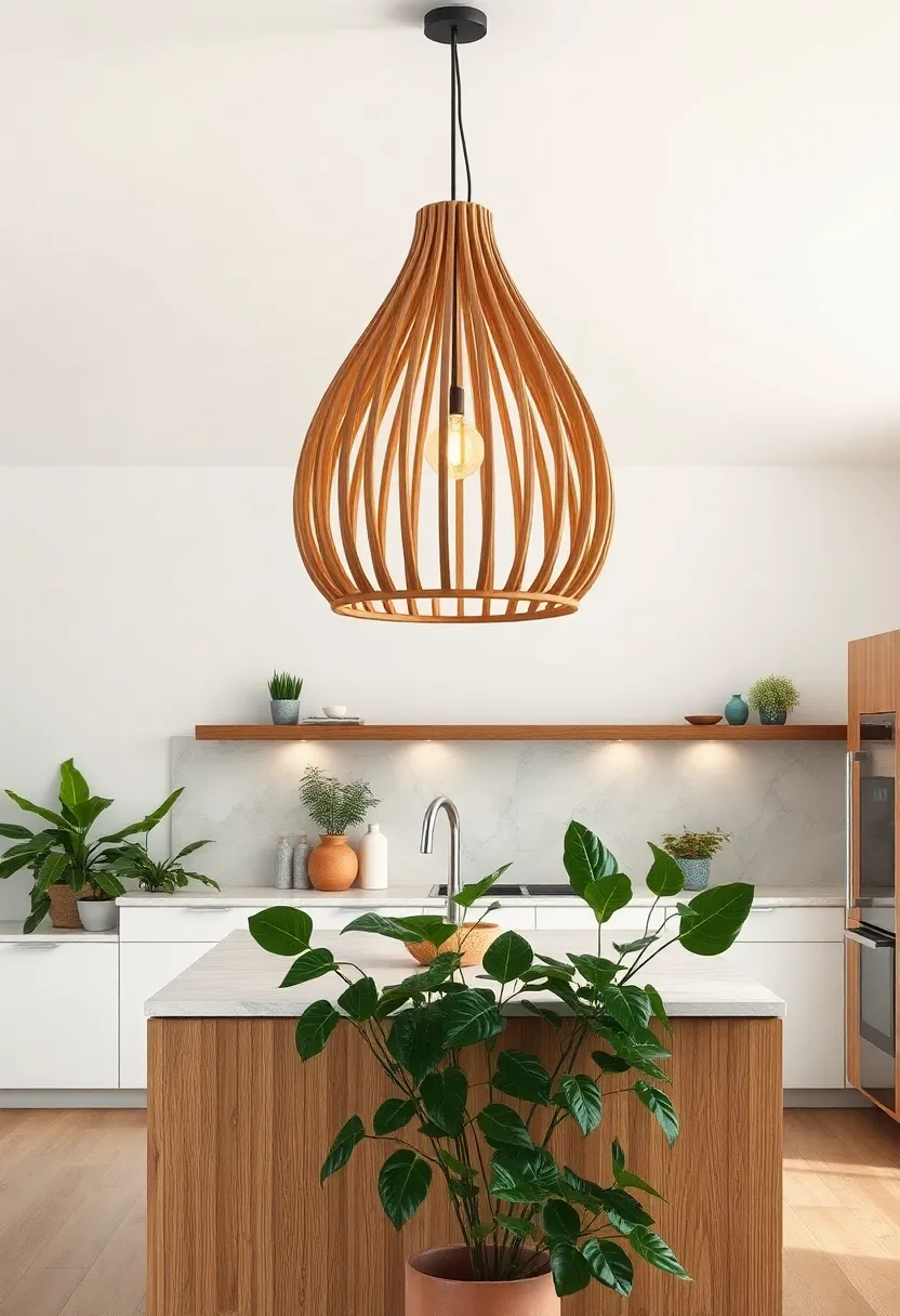 A ​Sculptural ​Wooden Light Fixture ‍Hanging Above a Kitchen Island Surrounded by Leafy Green Plants