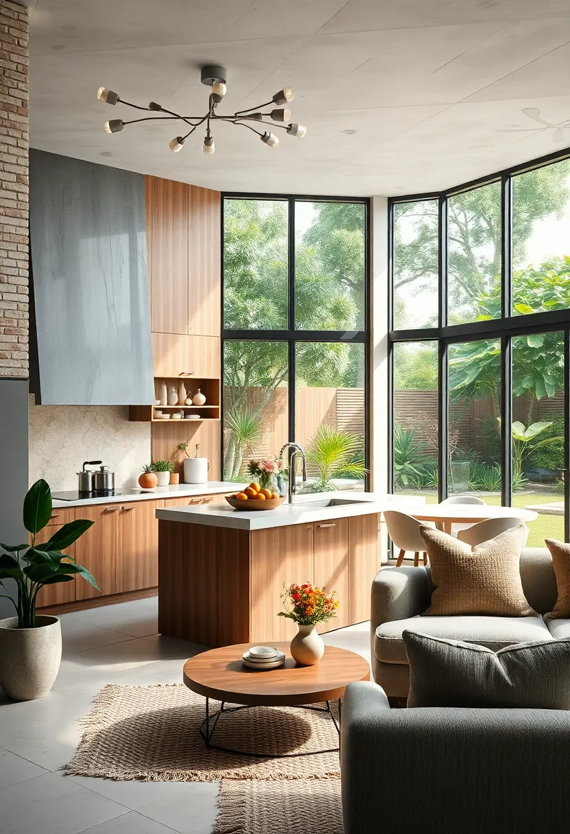 Subtle ⁢Wood Accents Framing⁣ Floor-to-Ceiling Windows Overlooking a⁢ Verdant Backyard Oasis