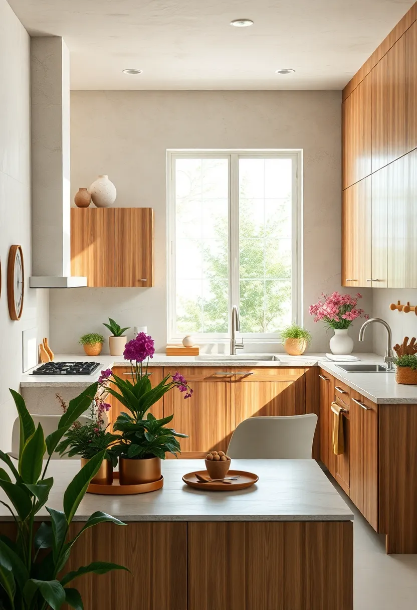 Sun-Drenched Kitchen Workspace ‍Surrounded by wooden ⁢Cabinets and Blooming Indoor⁤ Flowers
