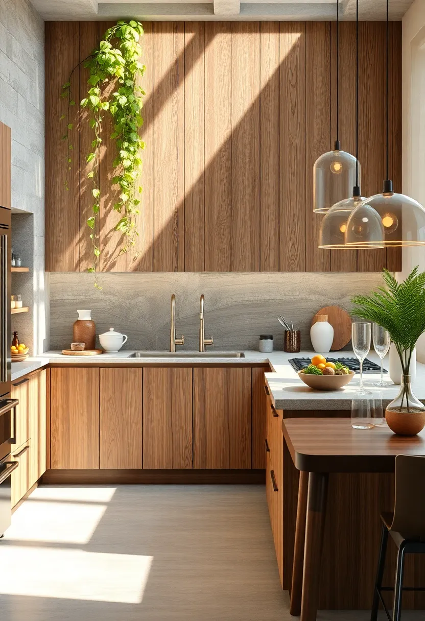 Textured Wooden Backsplash ‍Panels Complemented by Cascading Green Vines ‍and soft Sunbeams
