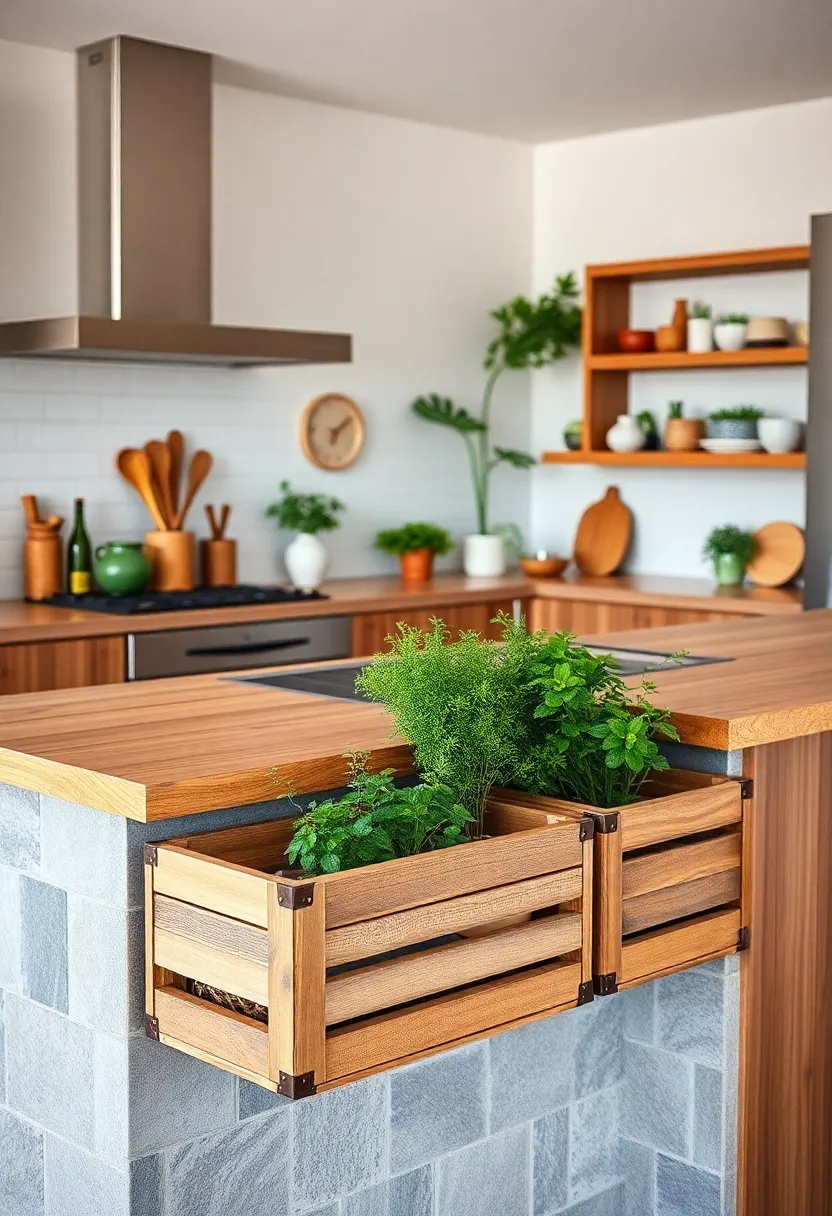 Vintage Wooden Crates Used ⁢as ​Herb Garden Pods Nestled​ Underneath‍ a Timber Countertop